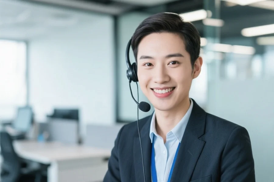 一位专业客服人员微笑服务，背景为现代办公环境，展示高效支持