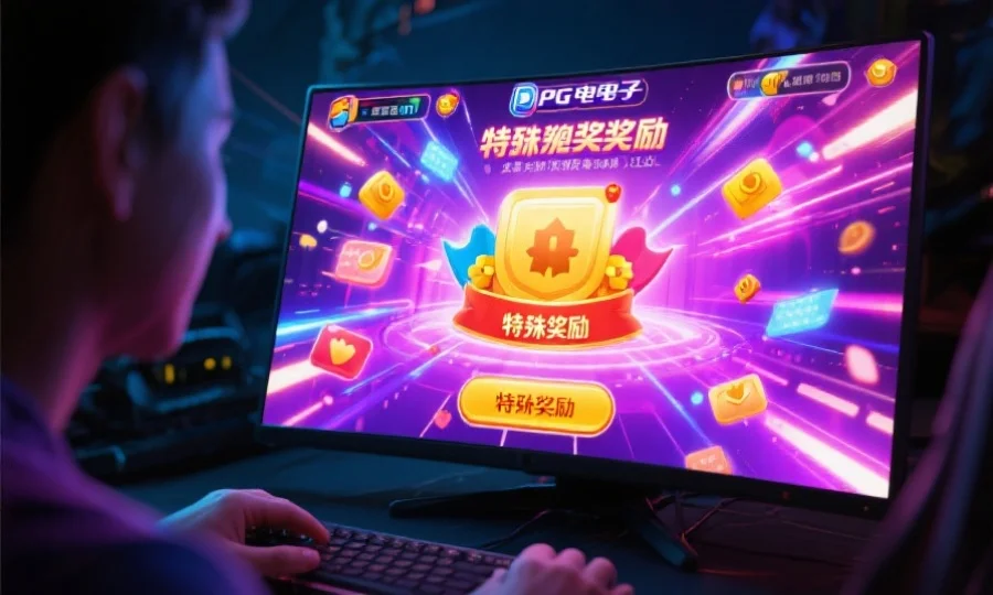 玩家在享受PG电子游戏的特殊奖励功能，屏幕上出现炫目的特效和奖励动画