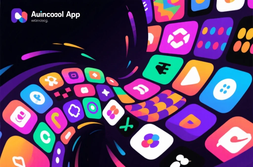 抽象艺术化的数字内容流，各种图标和色彩图案融合，象征着应用内丰富多样的数字娱乐选择。